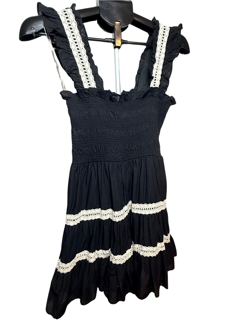 Black Boho Crochet Trim Smocked Ruffle Mini Dress